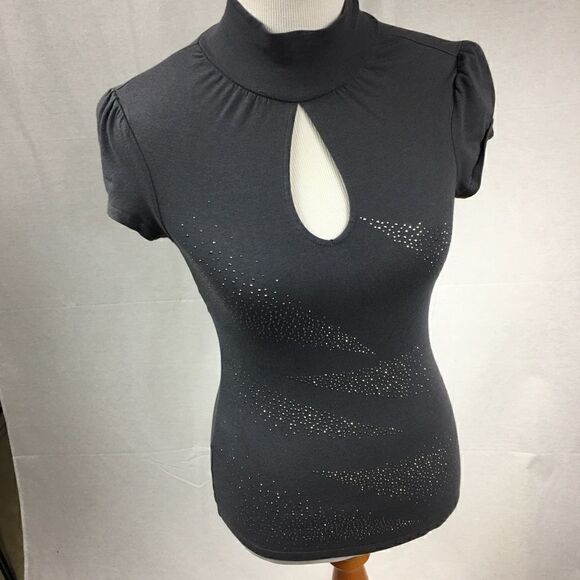 Express XS gray fitted keyhole front tee short sleeve studded pattern em… - Picture 1 of 7